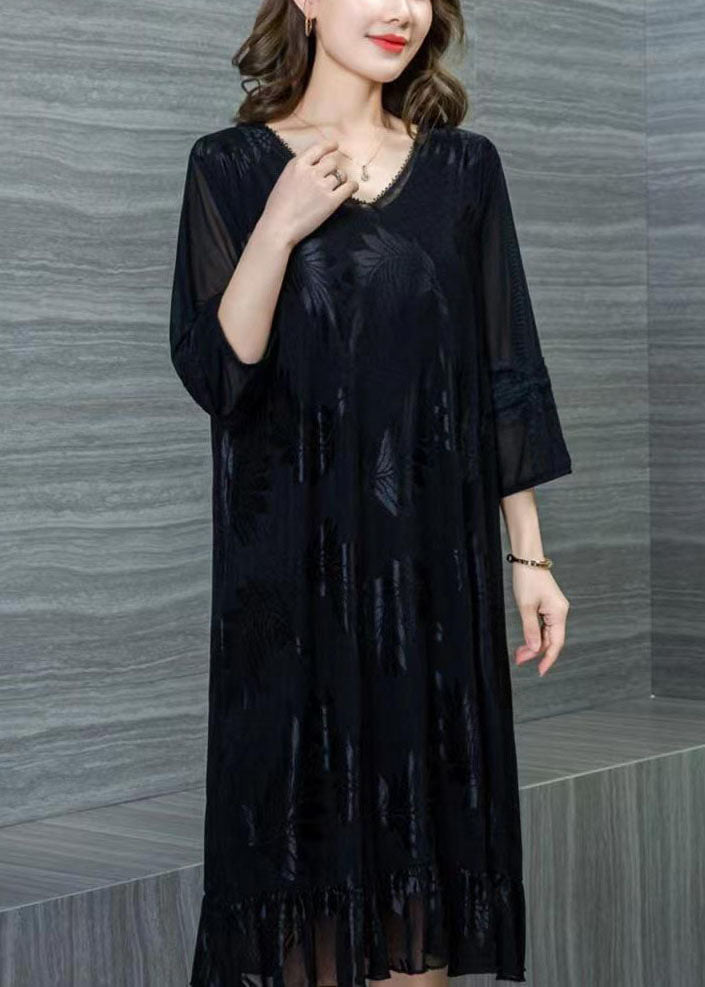 Style Black V Neck Wrinkled Lace Patchwork Silk Dresses Summer Ada Fashion