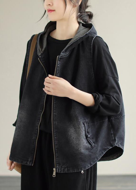 Style Black Zippered Patchwork Hoodie Denim Coat Fall Ada Fashion