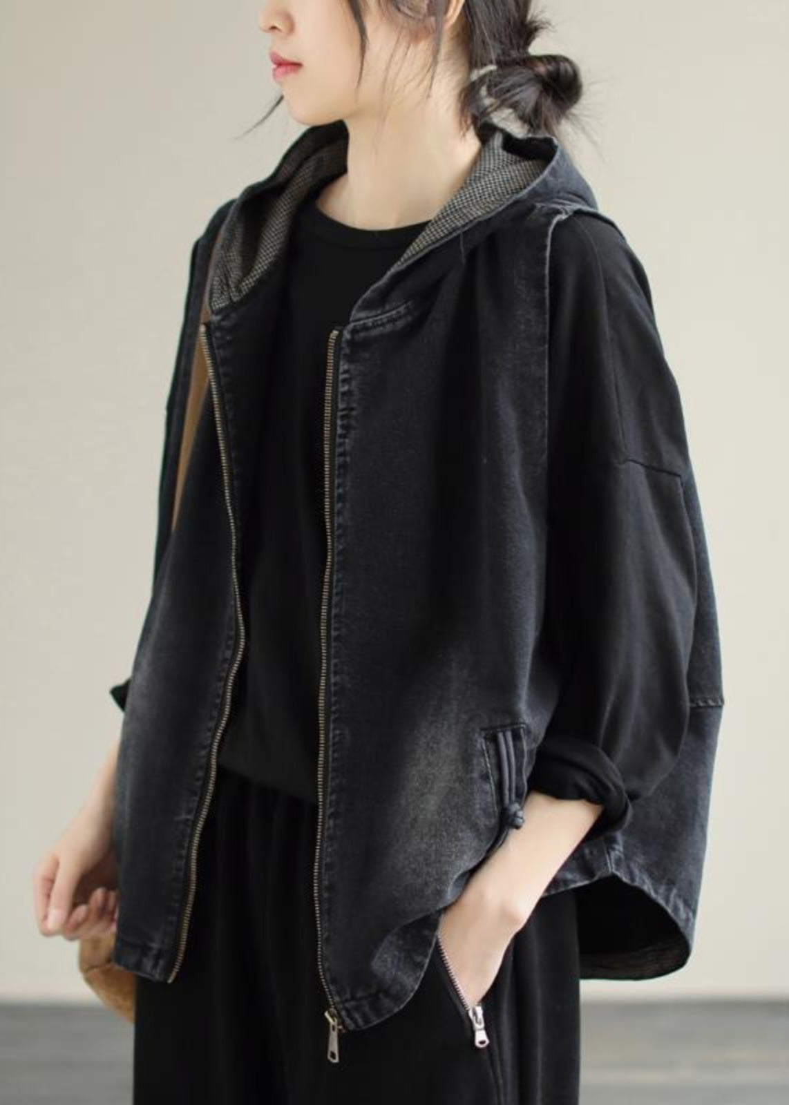 Style Black Zippered Patchwork Hoodie Denim Coat Fall Ada Fashion