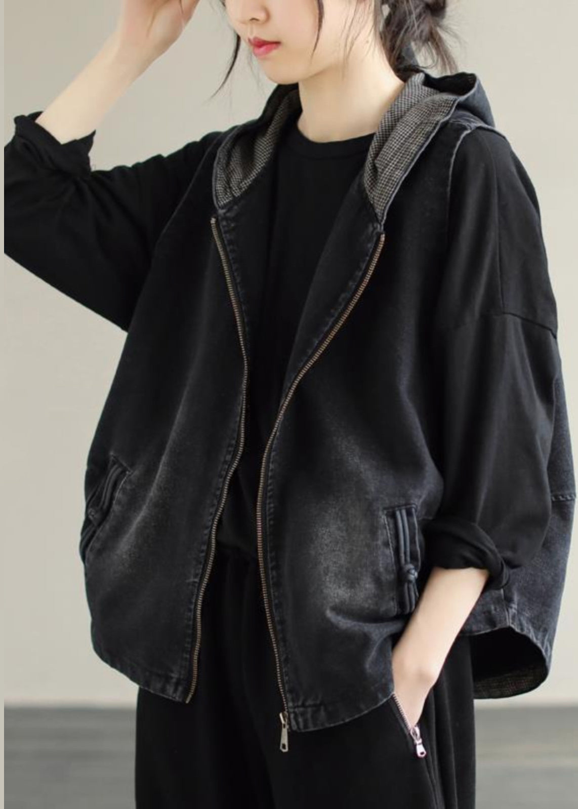 Style Black Zippered Patchwork Hoodie Denim Coat Fall Ada Fashion