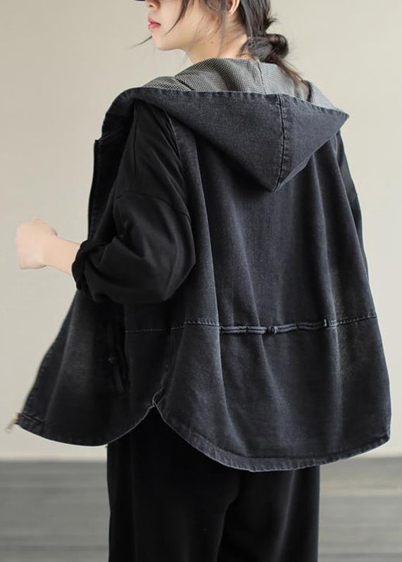 Style Black Zippered Patchwork Hoodie Denim Coat Fall Ada Fashion