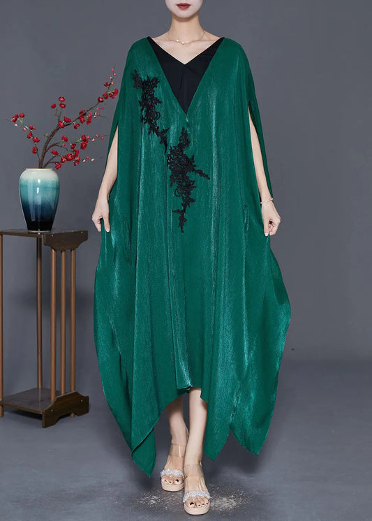 Style Blackish Green Embroideried Patchwork Silk Long Dresses Batwing Sleeve Ada Fashion