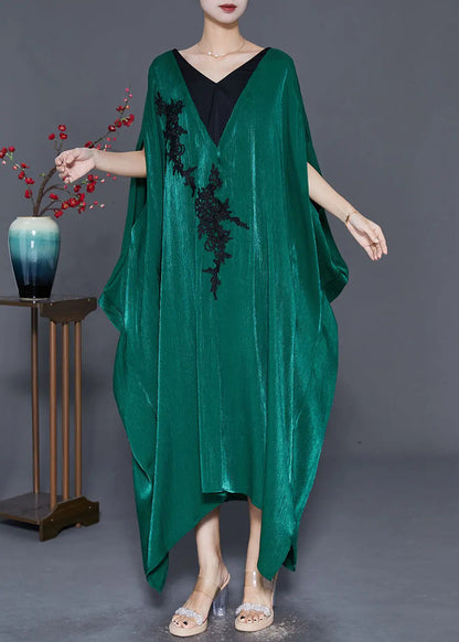 Style Blackish Green Embroideried Patchwork Silk Long Dresses Batwing Sleeve Ada Fashion