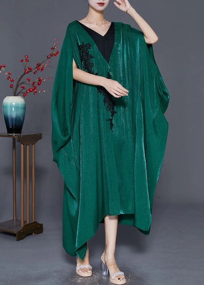 Style Blackish Green Embroideried Patchwork Silk Long Dresses Batwing Sleeve Ada Fashion