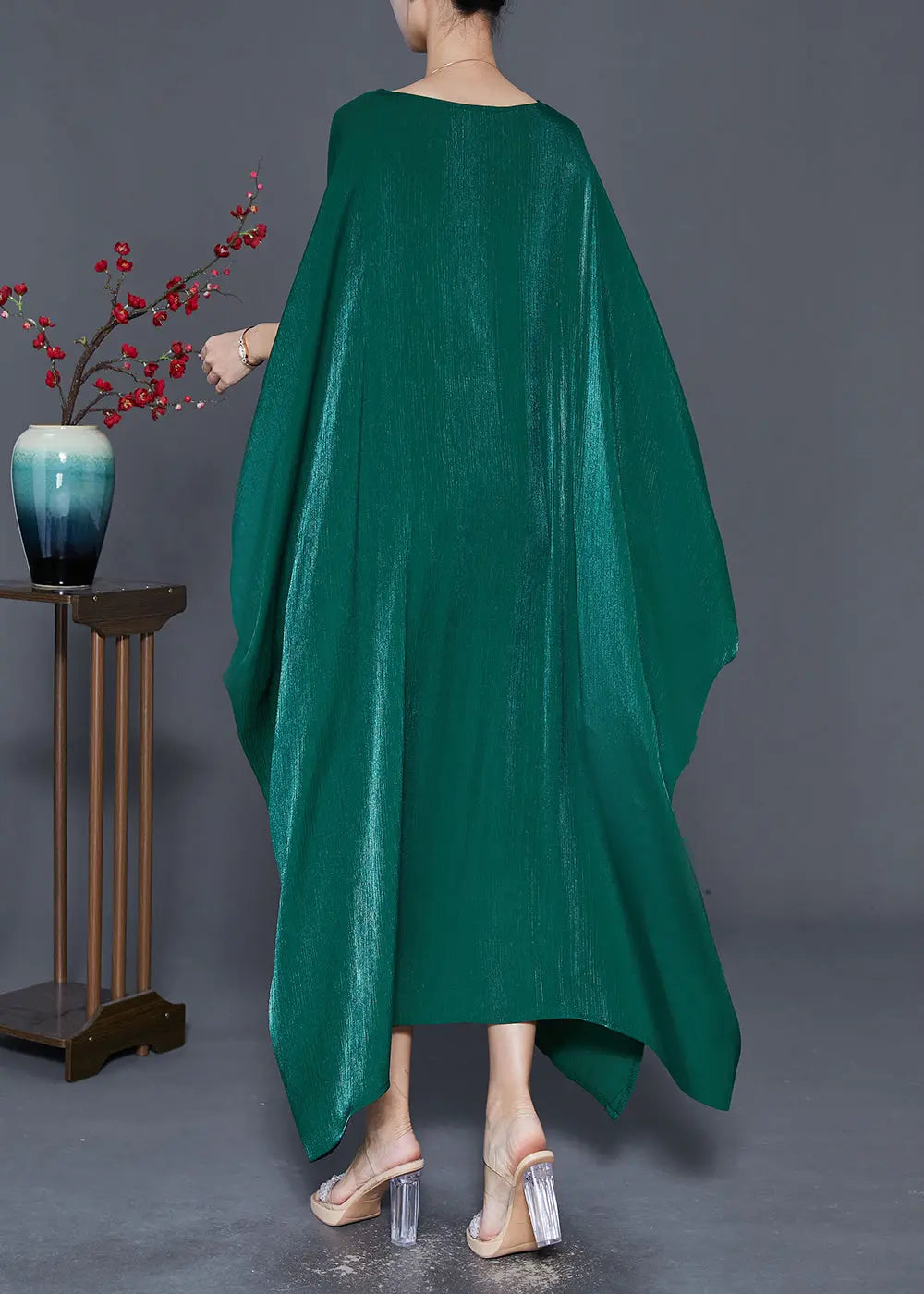 Style Blackish Green Embroideried Patchwork Silk Long Dresses Batwing Sleeve Ada Fashion