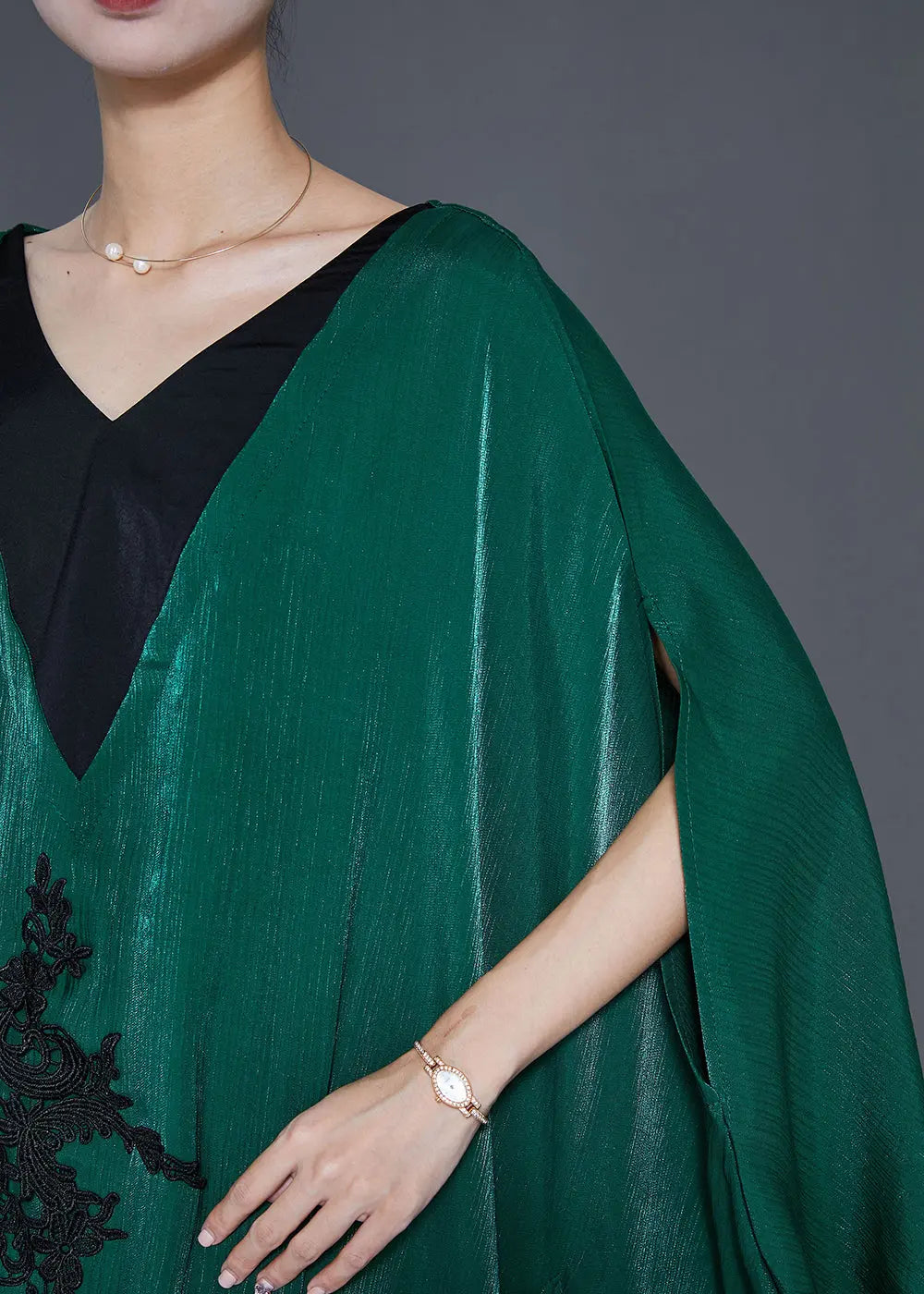 Style Blackish Green Embroideried Patchwork Silk Long Dresses Batwing Sleeve Ada Fashion