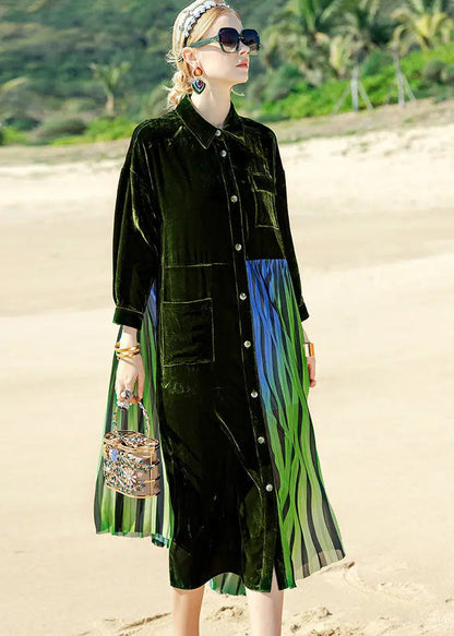 Style Blackish Green Striped Silk Velour Patchwork Button Maxi Dress Long Sleeve Ada Fashion