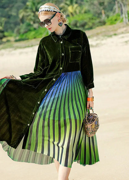 Style Blackish Green Striped Silk Velour Patchwork Button Maxi Dress Long Sleeve Ada Fashion