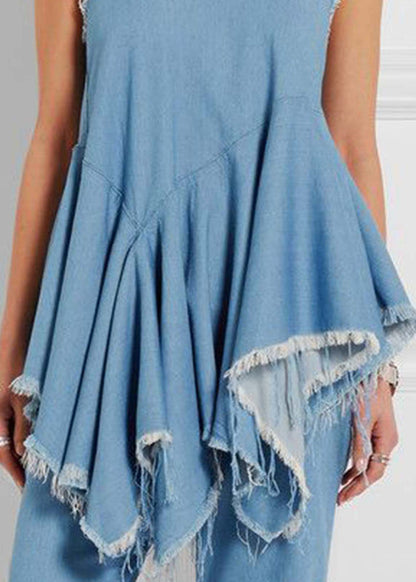 Style Blue Asymmetrical Design Exra Large Hem Denim Vests Sleeveless LY3954 - fabuloryshop