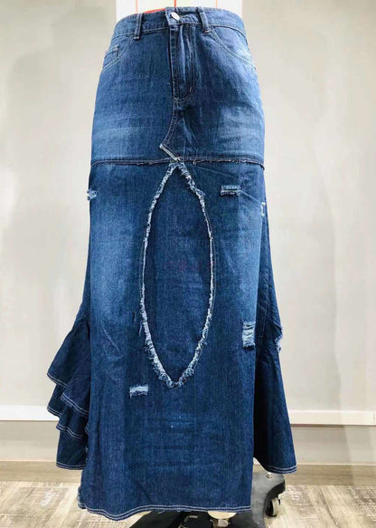 Style Blue Asymmetrical Wrinkled Pockets Patchwork Denim Skirt Summer LY3943 - fabuloryshop