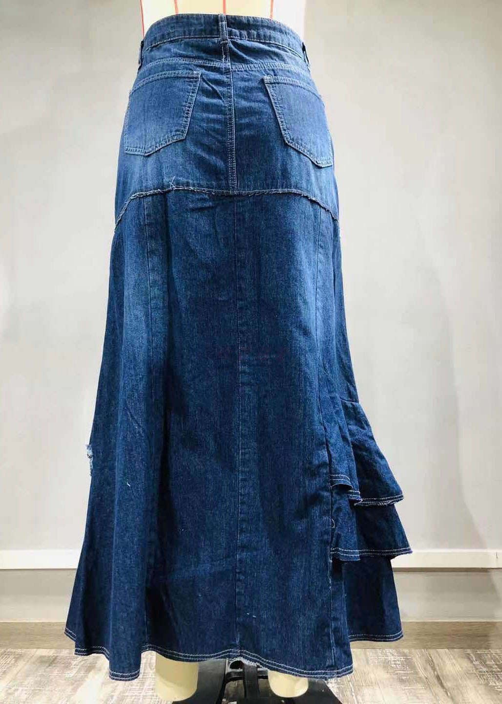 Style Blue Asymmetrical Wrinkled Pockets Patchwork Denim Skirt Summer LY3943 - fabuloryshop