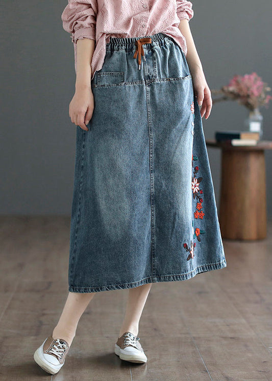 Style Blue Embroideried Patchwork Elastic Waist Denim A Line Skirts Summer LY5210 - fabuloryshop