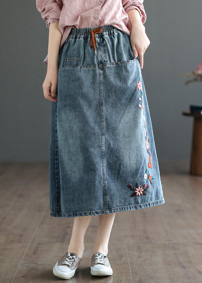 Style Blue Embroideried Patchwork Elastic Waist Denim A Line Skirts Summer LY5210 - fabuloryshop