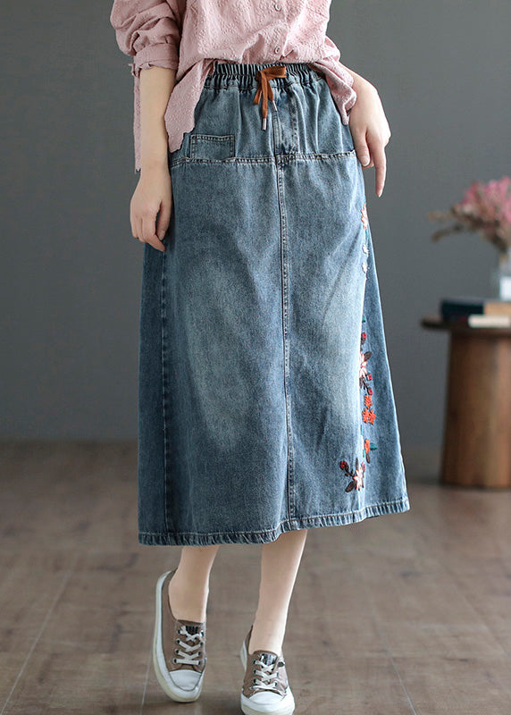 Style Blue Embroideried Patchwork Elastic Waist Denim A Line Skirts Summer LY5210 - fabuloryshop