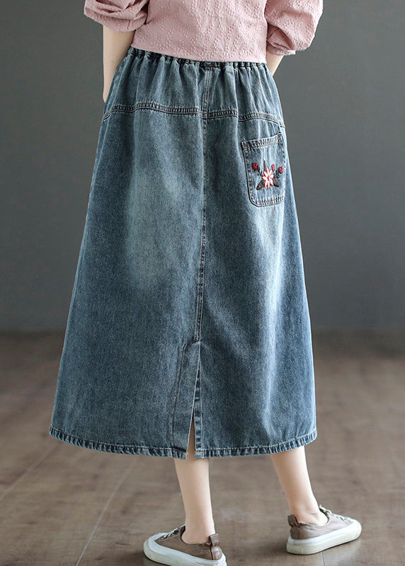 Style Blue Embroideried Patchwork Elastic Waist Denim A Line Skirts Summer LY5210 - fabuloryshop