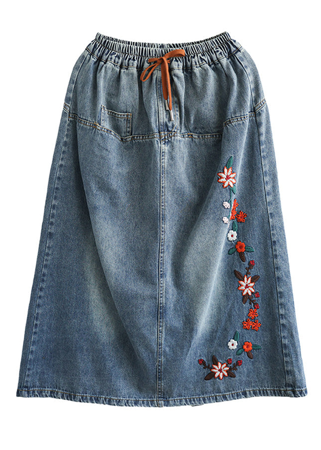 Style Blue Embroideried Patchwork Elastic Waist Denim A Line Skirts Summer LY5210 - fabuloryshop