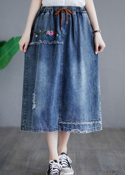 Style Blue Embroideried Pockets Elastic Waist Patchwork Cotton Skirt Summer LY5275 - fabuloryshop