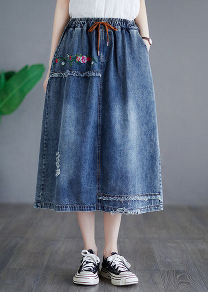 Style Blue Embroideried Pockets Elastic Waist Patchwork Cotton Skirt Summer LY5275 - fabuloryshop