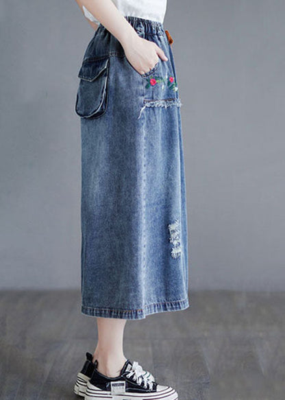 Style Blue Embroideried Pockets Elastic Waist Patchwork Cotton Skirt Summer LY5275 - fabuloryshop