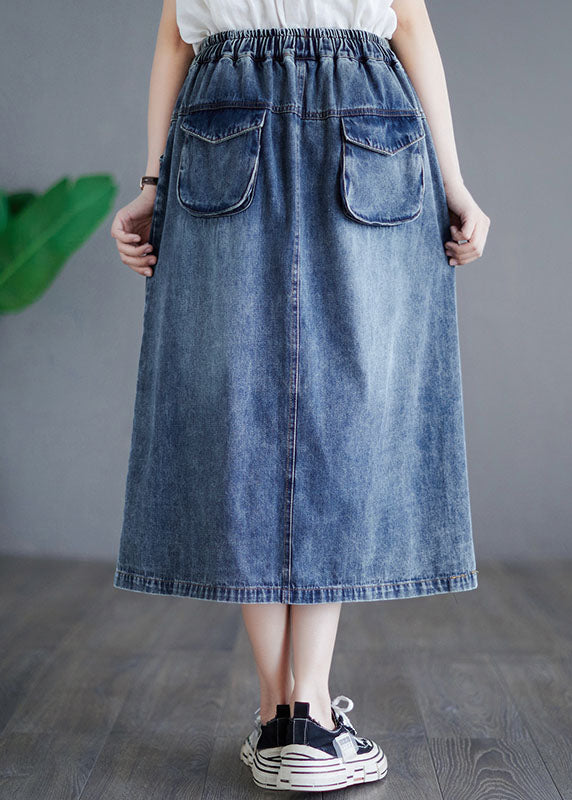 Style Blue Embroideried Pockets Elastic Waist Patchwork Cotton Skirt Summer LY5275 - fabuloryshop