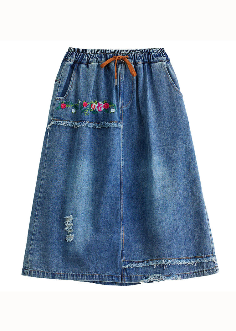 Style Blue Embroideried Pockets Elastic Waist Patchwork Cotton Skirt Summer LY5275 - fabuloryshop