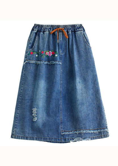 Style Blue Embroideried Pockets Elastic Waist Patchwork Cotton Skirt Summer LY5275 - fabuloryshop