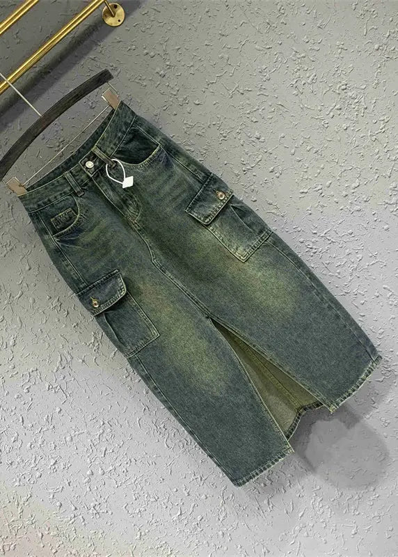 Style Blue Front Open Pockets Patchwork Denim Skirts Fall Ada Fashion