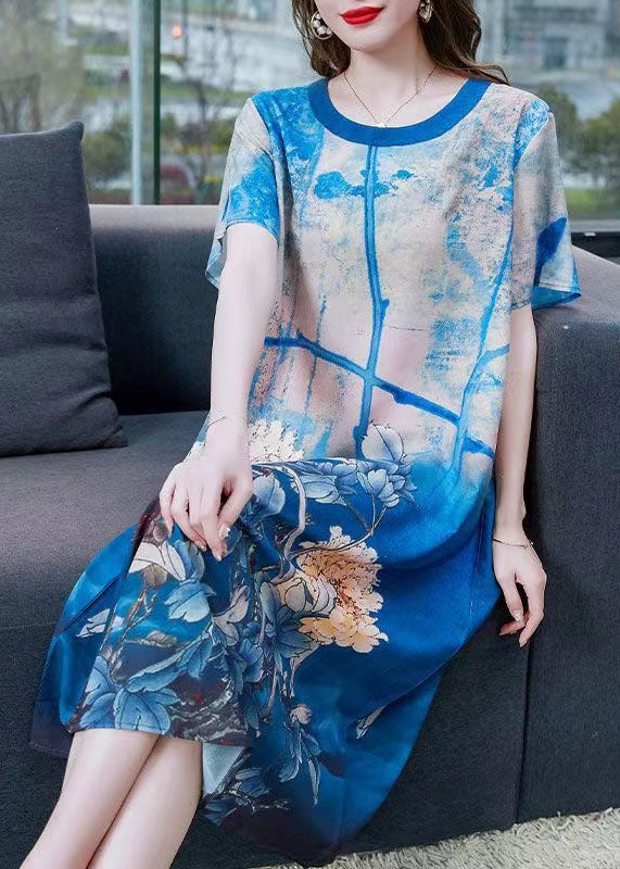 Style Blue O Neck Print Patchwork Chiffon Dresses Summer Ada Fashion