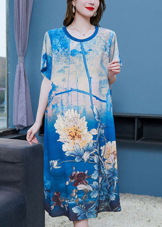 Style Blue O Neck Print Patchwork Chiffon Dresses Summer Ada Fashion