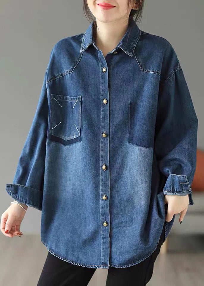 Style Blue Oversized Embroideried Pocket Denim Jackets Spring Ada Fashion