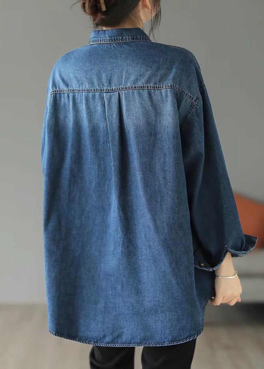 Style Blue Oversized Embroideried Pocket Denim Jackets Spring Ada Fashion