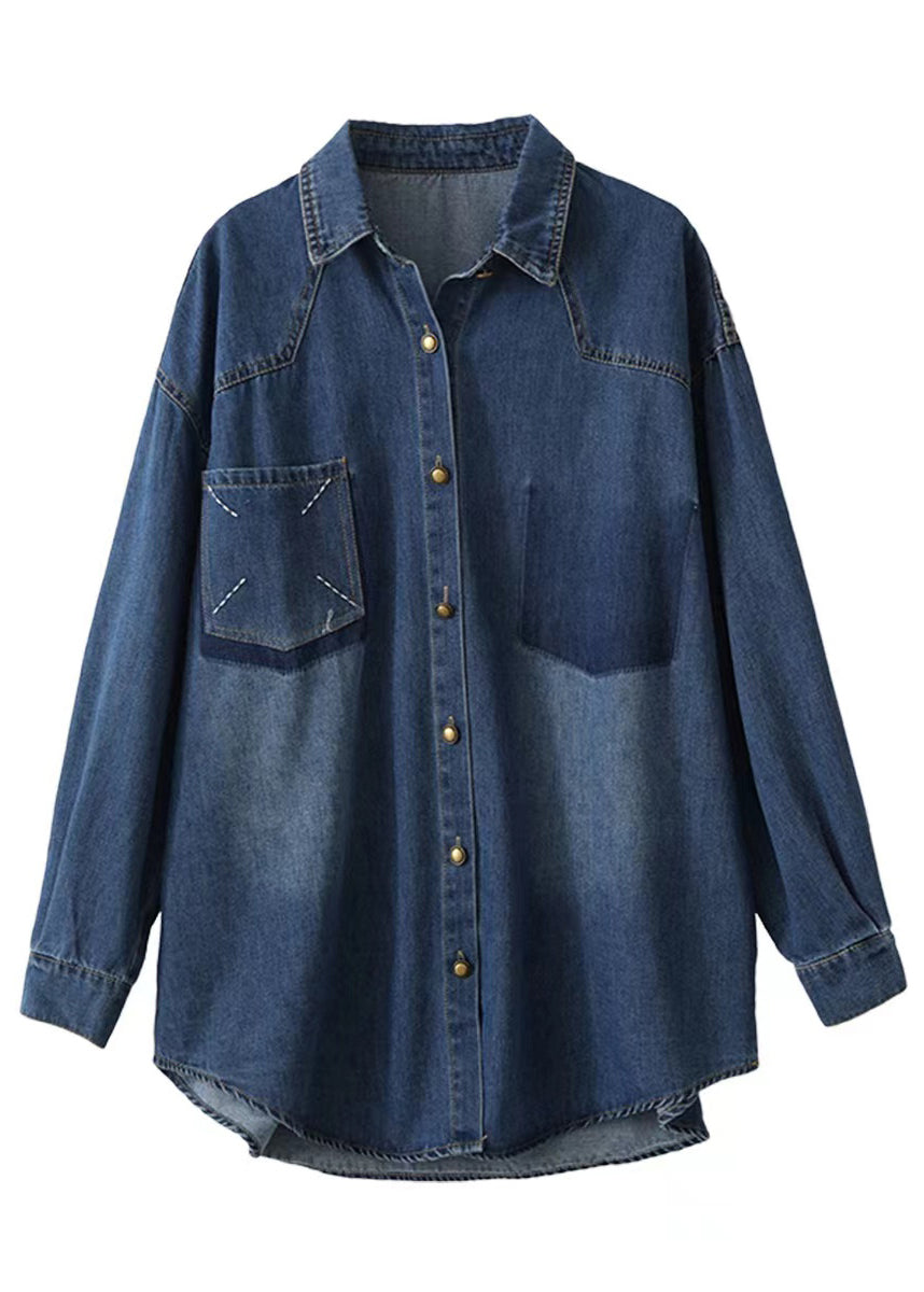 Style Blue Oversized Embroideried Pocket Denim Jackets Spring Ada Fashion