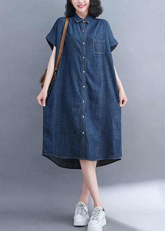 Style Blue Oversized Pocket Cotton Denim Shirt Dress Short Sleeve LY1508 - fabuloryshop