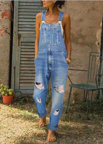 Style Blue Oversized Pockets Denim Ripped Jumpsuit Summer LY4014 - fabuloryshop