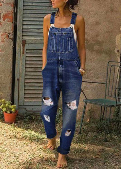 Style Blue Oversized Pockets Denim Ripped Jumpsuit Summer LY4014 - fabuloryshop