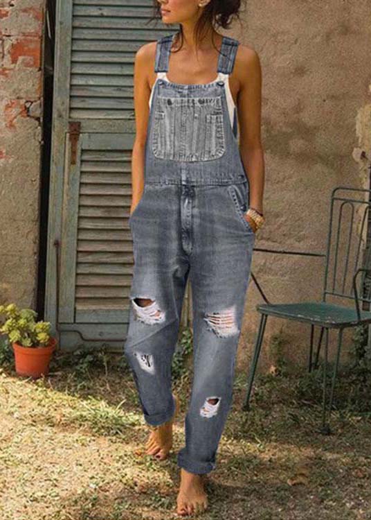 Style Blue Oversized Pockets Denim Ripped Jumpsuit Summer LY4014 - fabuloryshop