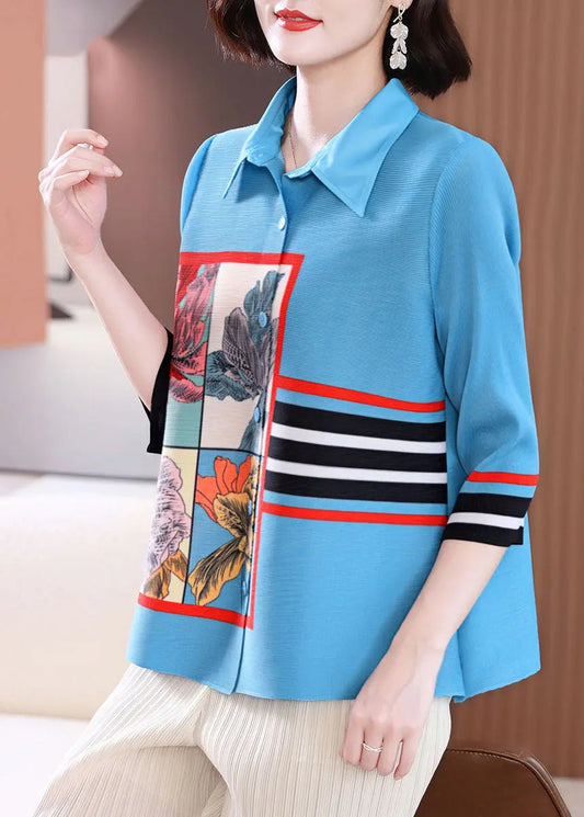 Style Blue Peter Pan Collar Striped Print Shirts Long Sleeve Ada Fashion