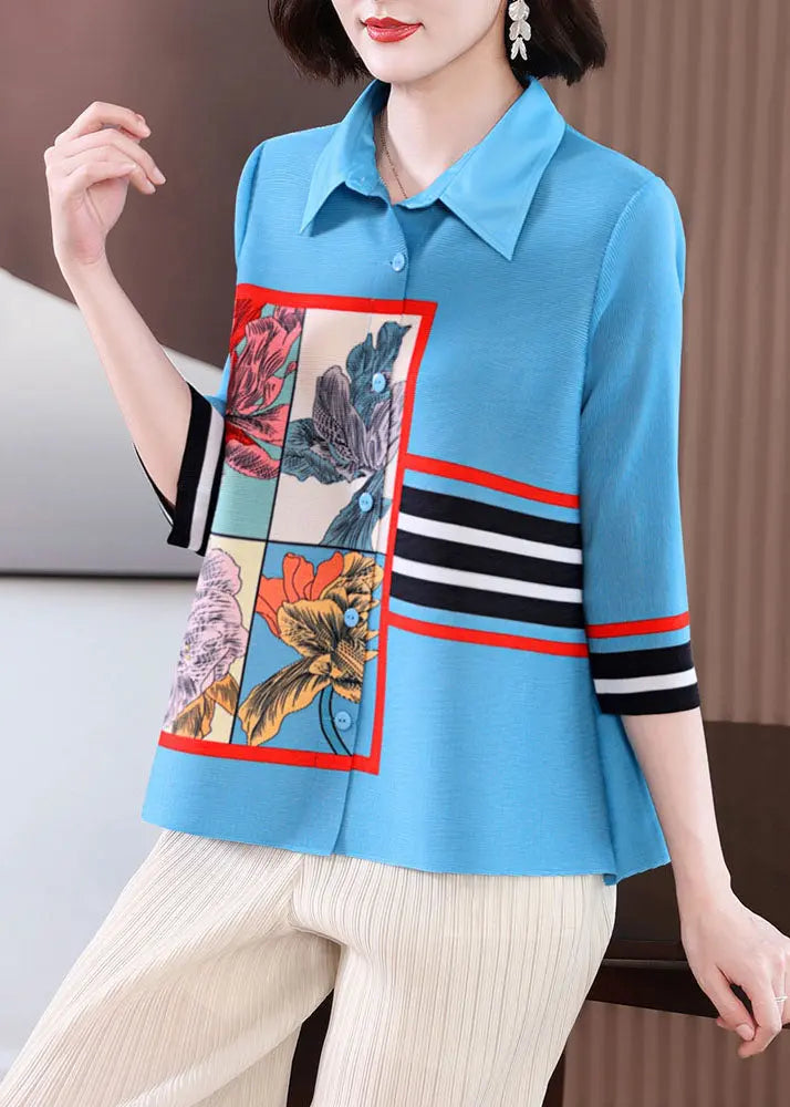 Style Blue Peter Pan Collar Striped Print Shirts Long Sleeve Ada Fashion