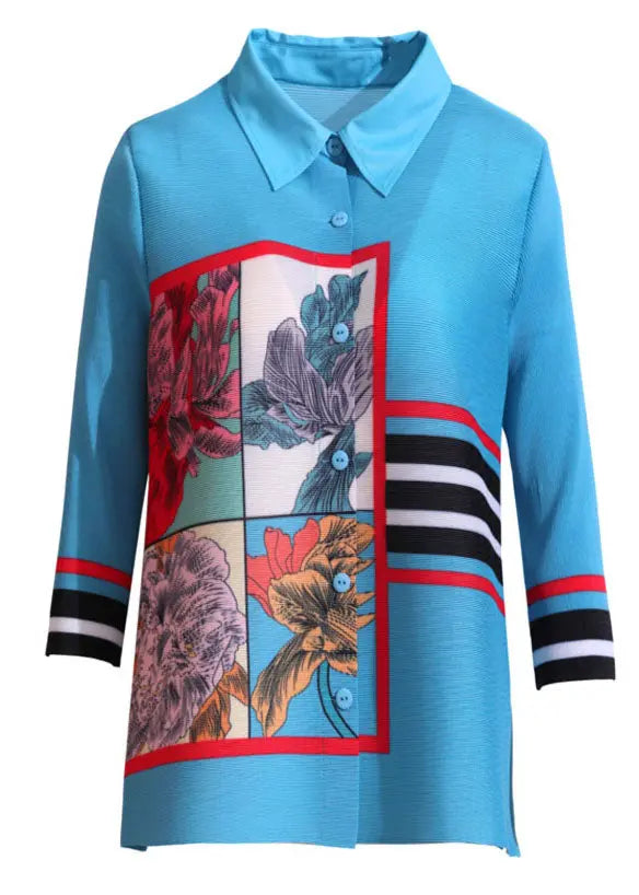 Style Blue Peter Pan Collar Striped Print Shirts Long Sleeve Ada Fashion