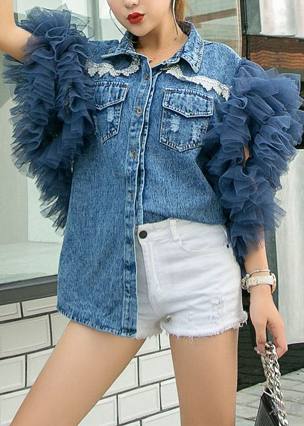 Style Blue Peter Pan Collar Tulle Ruffled Patchwork Denim Shirts Summer LY3991 - fabuloryshop