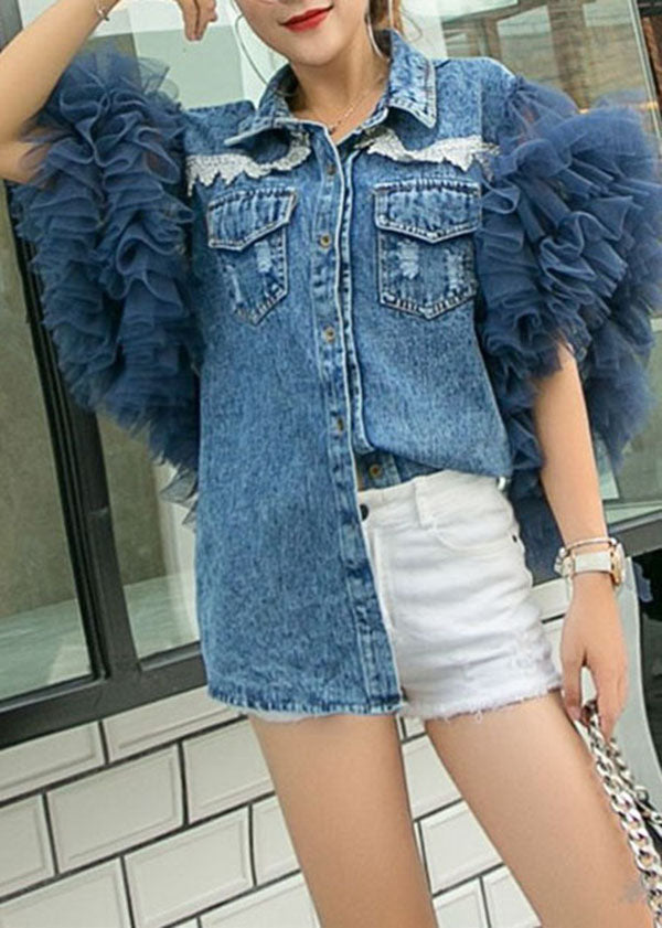 Style Blue Peter Pan Collar Tulle Ruffled Patchwork Denim Shirts Summer LY3991 - fabuloryshop