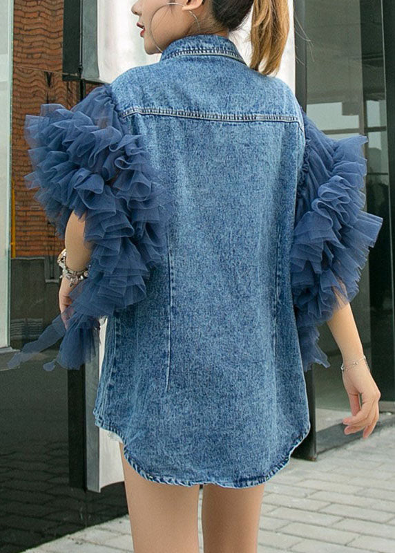 Style Blue Peter Pan Collar Tulle Ruffled Patchwork Denim Shirts Summer LY3991 - fabuloryshop