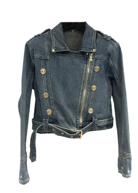 Style Blue Peter Pan Collar Zippered Patchwork Denim Jacket Fall Ada Fashion