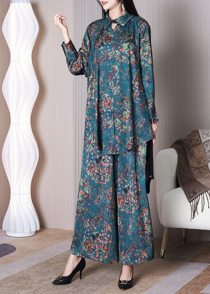 Style Blue Print Oversized Low High Design Silk Two Pieces Set Spring LY3766 - fabuloryshop