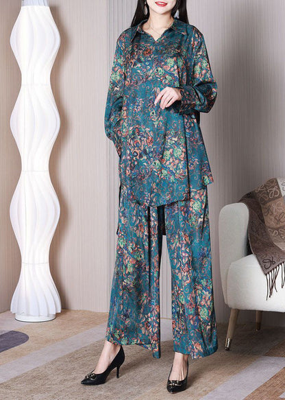 Style Blue Print Oversized Low High Design Silk Two Pieces Set Spring LY3766 - fabuloryshop