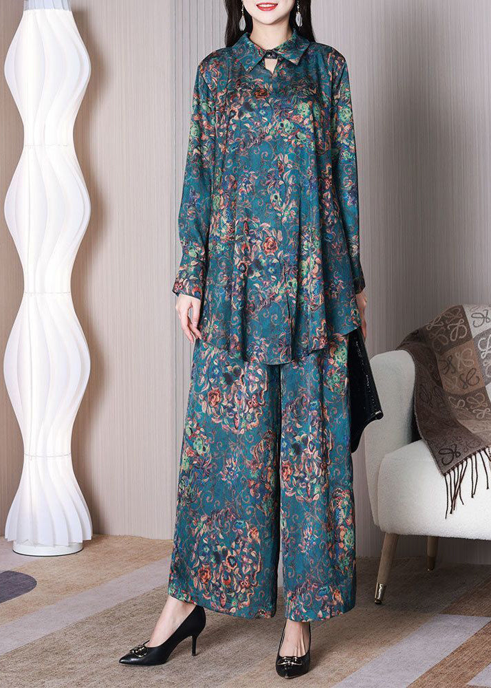 Style Blue Print Oversized Low High Design Silk Two Pieces Set Spring LY3766 - fabuloryshop