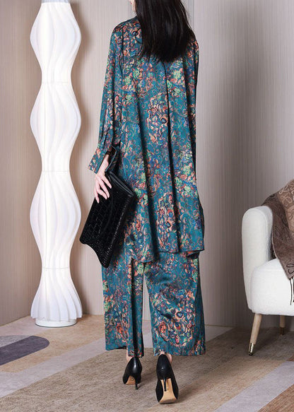 Style Blue Print Oversized Low High Design Silk Two Pieces Set Spring LY3766 - fabuloryshop