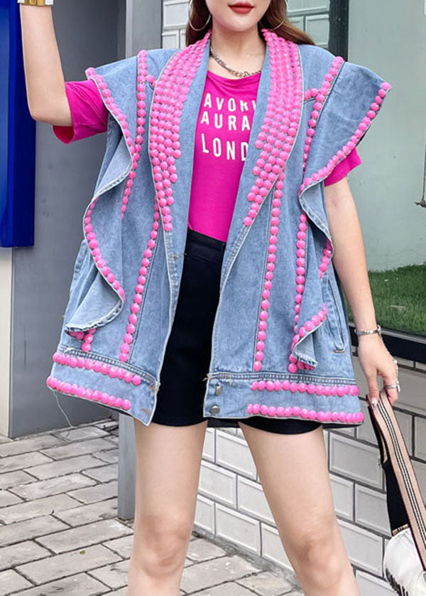 Style Blue Ruffled Nail Bead Letter Patchwork Denim Vest Sleeveless LY5232 - fabuloryshop