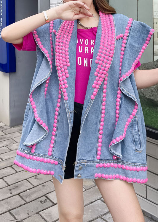 Style Blue Ruffled Nail Bead Letter Patchwork Denim Vest Sleeveless LY5232 - fabuloryshop