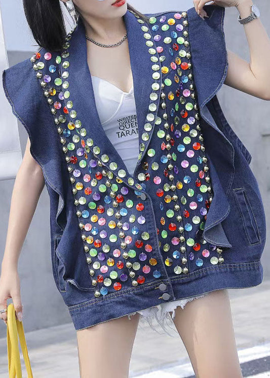 Style Blue Ruffled Nail Bead Sequins Patchwork Denim Vest Sleeveless LY5226 - fabuloryshop